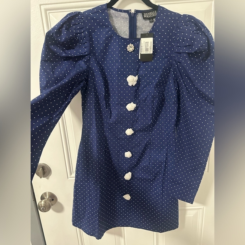 DANIELLE BERNSTEIN Navy Puff Sleeve Mini Dress Small NWT - Picture 4 of 11